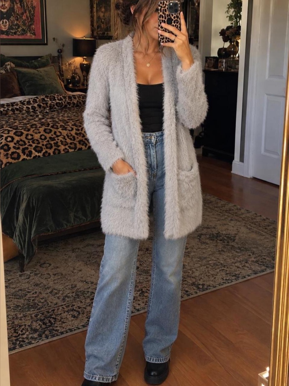 Free People Silver Faux Fur Fuzzy Cardigan Size Small